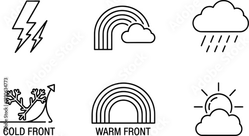 Collection of weather icons representing meteorological phenomena and fronts