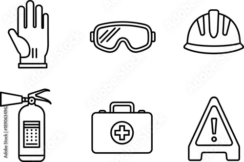 Collection of safety and emergency icons including a glove, goggles, hard hat, fire extinguisher, first aid kit, and warning sign