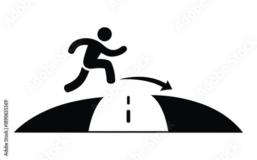 A person runs around a curved road with an arrow indicating a turn ahead.