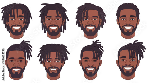 Diverse Black Men Hairstyles Vector Illustration Set - Modern Dreadlocks, Braids, and Twists for Male Grooming and Fashion Concepts
