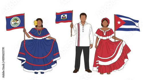 Diverse Caribbean People in Traditional Attire Holding National Flags - Vector Illustration for Cultural Celebration and Travel Promotion