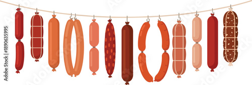 Assorted Sausages Hanging on String.