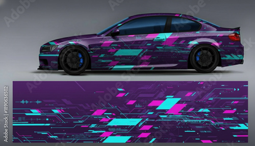 A purple car with a futuristic, abstract geometric wrap design in pink and cyan.