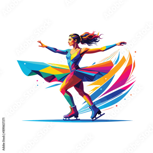 Vibrant female figure skater performing dynamic routine