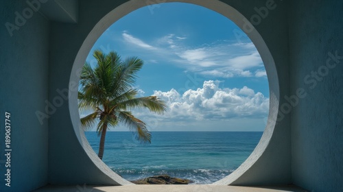 A circular window reveals a stunning ocean scene with a palm tree under a clear blue sky.