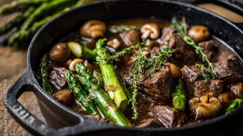Hearty beef stew simmers with tender asparagus and mushrooms in a cast iron pot on a wooden table.
