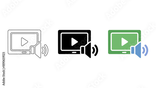 A graphic illustration of video playback with speaker icons in different colors on a white background