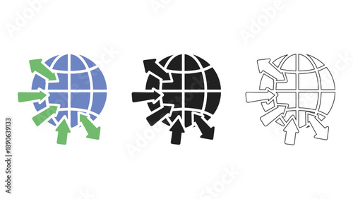 A graphic illustration representing global distribution and international reach with globe icons and arrows