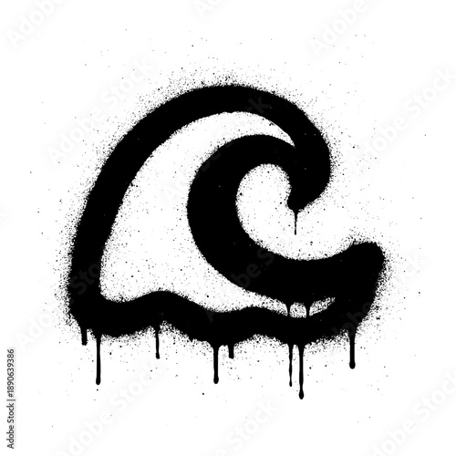 Black Spray Painted Ocean Wave Graffiti Icon on White Background