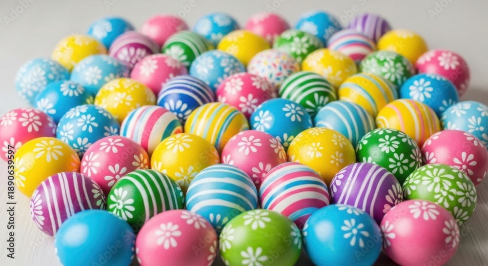 Fototapeta premium Large collection of colorful, patterned Easter eggs arranged in neat rows on a white surface.