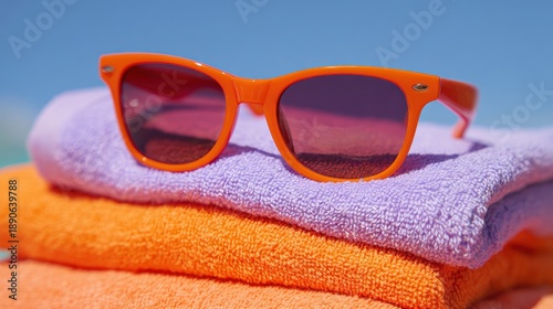 Colorful towels stacked neatly on the beach with stylish sunglasses perched on top evoking summer vibes.