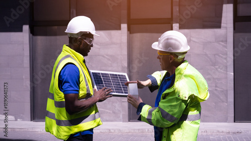 Bilde på lerret Two male electrical engineers are analyzing, planning, installing, and demonstrating the energy-saving concept of solar panels for sustainable global energy conservation