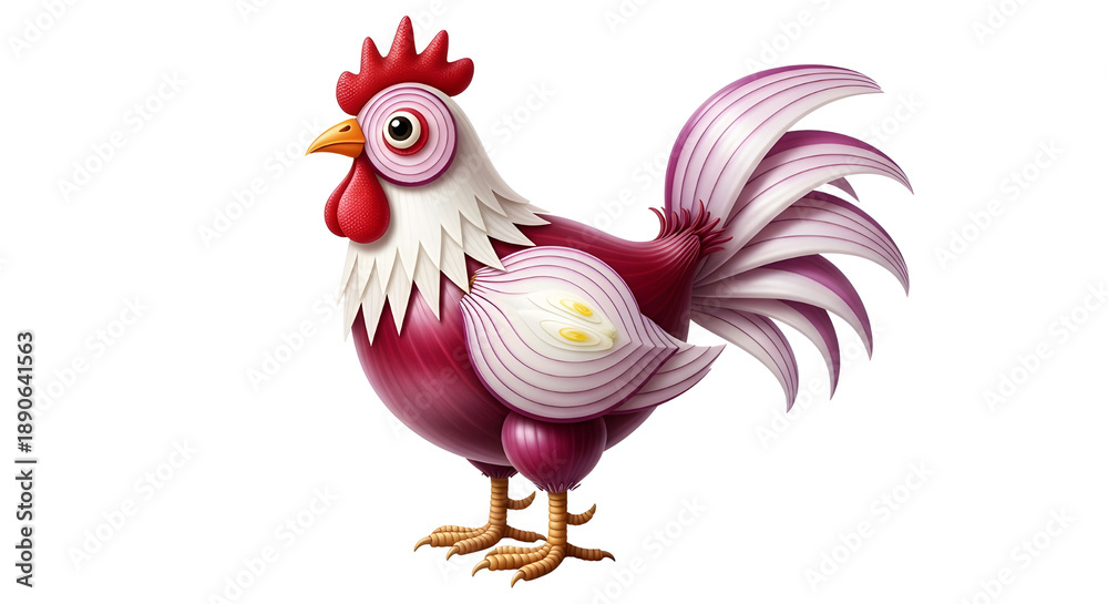 Fototapeta premium Creative Red Onion Rooster Illustration on White Background