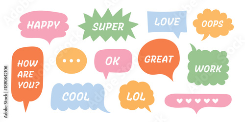 Speech bubbles set with positive phrases. Happy, love, ok, great, cool, lol text messages. Friendly chat stickers and dialog bubbles. Vector illustration isolated on white background.