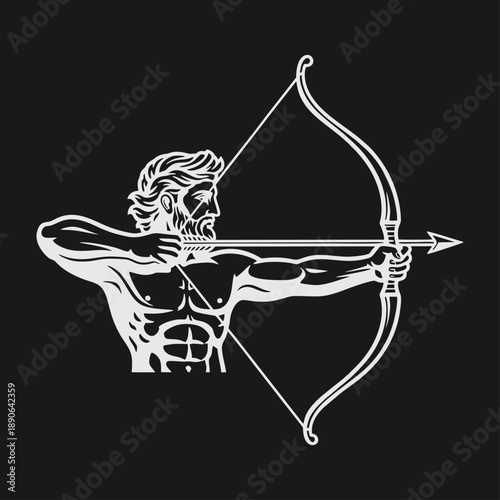 Male archer aiming bow and arrow. Graphic vector illustration of a strong man, ancient mythological figure, or warrior with a weapon, focused and ready to shoot.