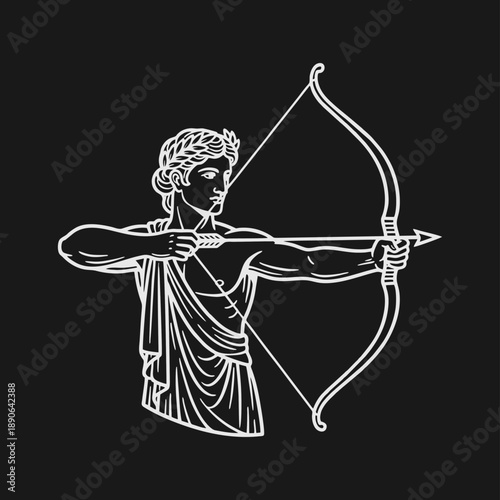 Mythological Archer with Bow and Arrow in Classical Line Art Style