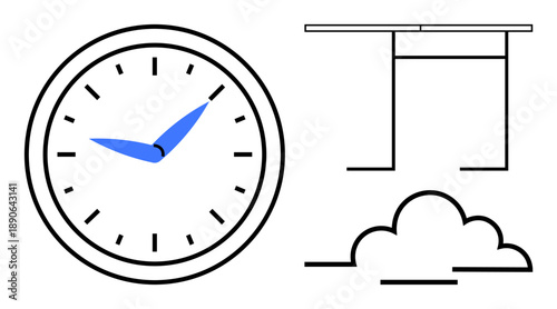 Time management, minimalist design, weather forecast, scheduling, decor concepts, vector art. A clock with blue hands, a window frame and a cloud illustration. Time management and minimalist design