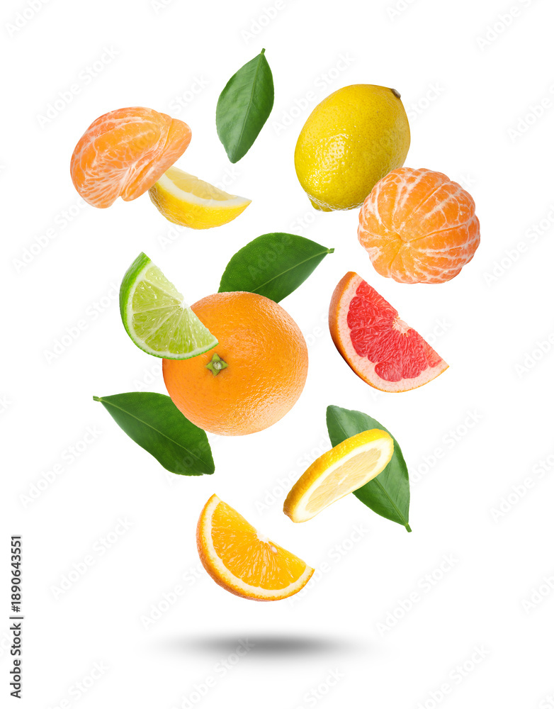 Fototapeta premium Different fresh citrus fruits falling on white background