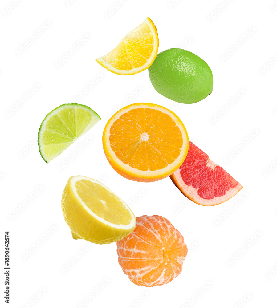 Fototapeta premium Different fresh citrus fruits falling on white background