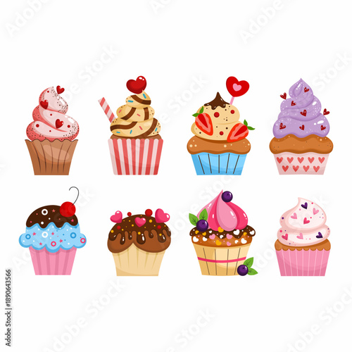 collection of colorful cupcakes with different flavors. Cute mouth watering confections. Fruit and chocolate pastries. set of decorative illustrations for Valentine's Day on February 14th.