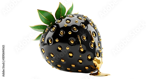 Black and Gold Strawberry with Dripping Gold Liquid on White Background