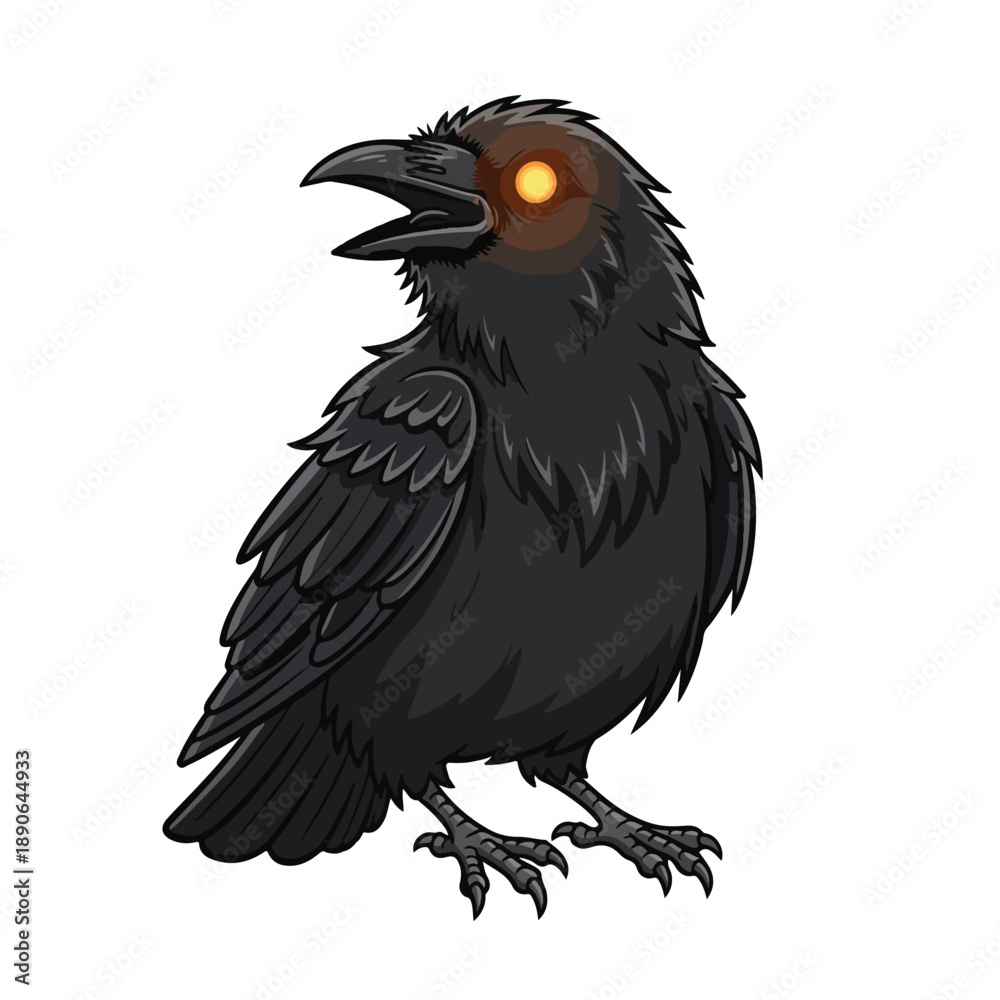 Fototapeta premium Black Crow with Glowing Eye Illustration.