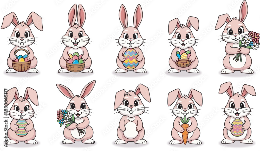 Obraz premium Easter bunny vector illustration sticker. Cute white rabbit with easter egg. Cartoon character mascot