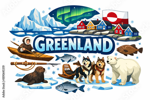 Greenland culture vector illustration with Arctic landscapes wildlife traditions and national symbols