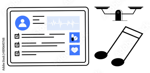 Digital health, surveillance, technology usage, healthcare data, music and entertainment, online monitoring. A digital health record panel, surveillance camera and music notes. Digital health