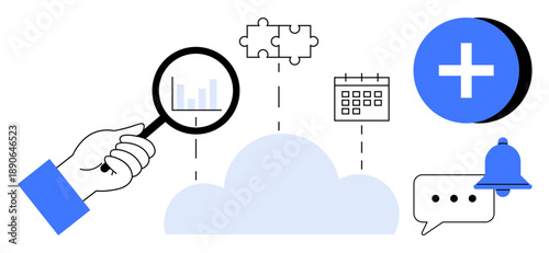 Cloud computing concept. Cloud computing with data analysis, integration processes, and task management ed through icons. Cloud computing for data processing, productivity tools, teamwork