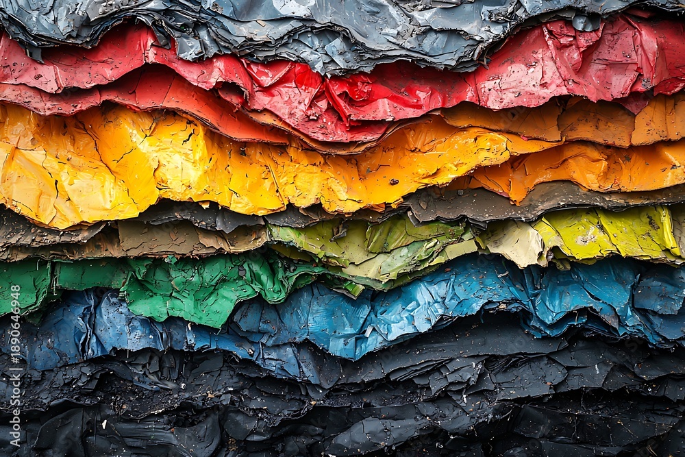 Fototapeta premium Rainbow of Textures: A vibrant tapestry of crushed materials, meticulously arranged in a spectrum of colors, evokes the concepts of recycling, conservation, and resourcefulness.