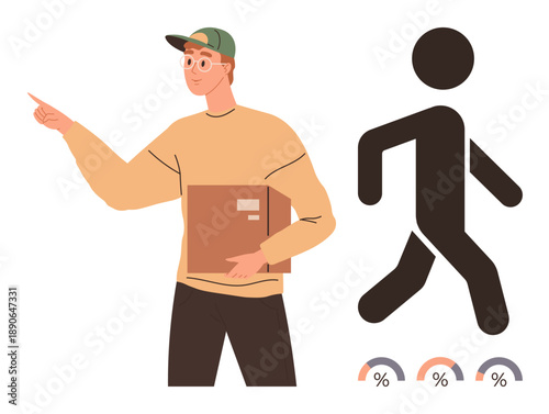 Logistics, package delivery, statistics, e-commerce, business operations, communication. Man holding a parcel box, pointing with a walking figure and progress indicators. Logistics and package