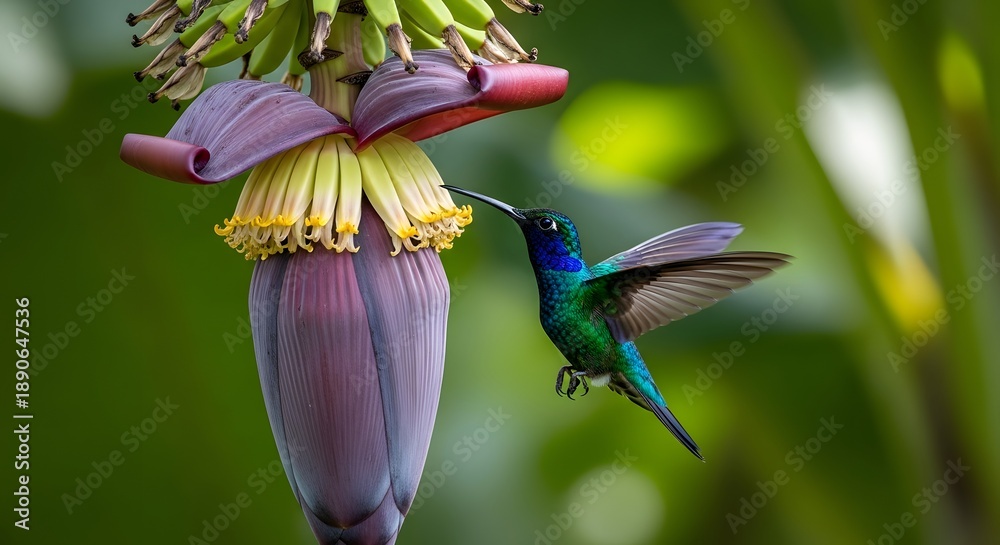 Fototapeta premium Vibrant Emerald-bodied Hummingbird Feeding Nectar from a Tropical Banana Blossom in a Lush Green Environment