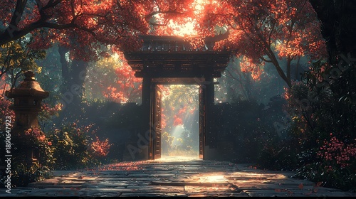 Autumn's Gateway: An evocative photograph of a traditional Japanese gate, adorned with the vibrant hues of autumn, beckons viewers towards a serene and mystical pathway.