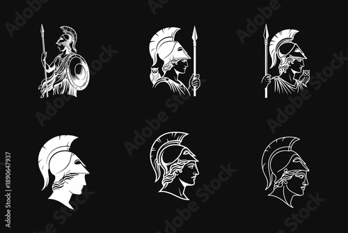 Ancient Greek Warrior Goddess Athena Vector Illustrations Set with Helmets, Spears, Shields, and Owls