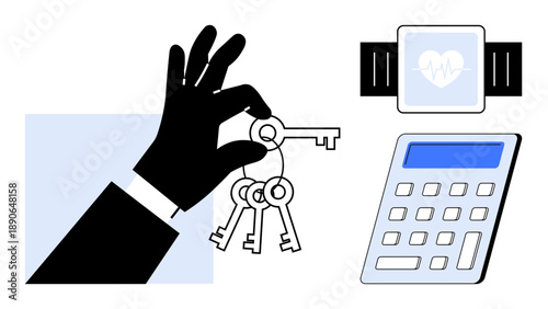 Security, technology, digital devices, data privacy, access control, smart solutions. Hand holding keys, calculator and smartwatch with heart icon. Security and technology concept