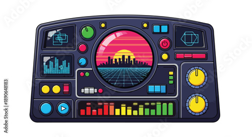 Futuristic Control Panel with Cityscape Display.