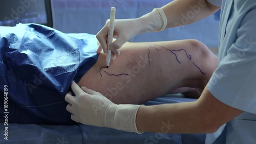 Drawing vein markings on legs for vein therapy planning 4k video. Preoperative vein mapping from a vascular surgeon.
