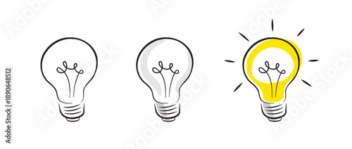 Light bulb vector illustration in hand-drawn style. Sketch of a light bulb on and off.