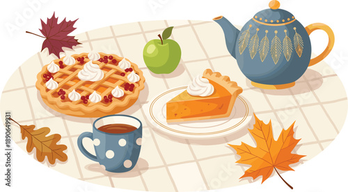 Cozy Autumn Still Life with Lattice Fruit Pie, Pumpkin Slice with Whipped Cream, Blue Teapot, Polka Dot Mug, Green Apple, and Fall Maple Leaves