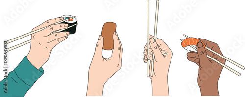 Diverse Hands Holding Sushi and Sashimi with Chopsticks Featuring Nigiri and Maki Rolls Isolated on White Background for Asian Cuisine Restaurant Menu Design