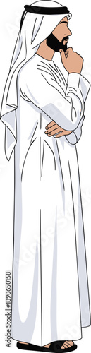 Flat Illustration of a Pensive Arab Businessman with a Beard Wearing Traditional White Kandura and Agal Standing in a Thinking Pose Isolated on White Background