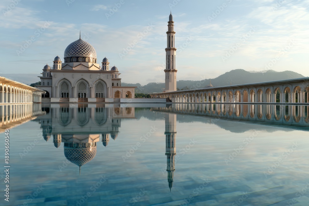 Obraz premium Single mosque beside a still reflecting pool