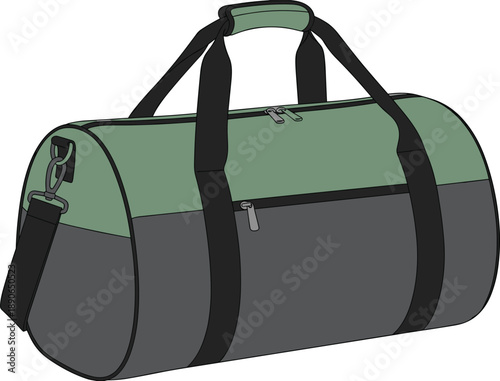 Minimalist Illustration of a Two-Tone Sage Green and Gray Sport Duffel Bag Featuring Black Straps and Silver Zippers for Travel and Gym Lifestyle Design