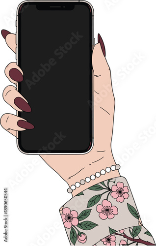 Minimalist Illustration of a Woman's Hand with Manicured Nails and Floral Sleeve Holding a Smartphone with Blank Screen for App Design and Social Media Mockup