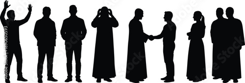 Set of diverse people silhouettes in various poses including business handshakes and casual standing isolated on white background for community and teamwork concepts