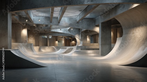 Indoor skate park with curves and ramps for skating and BMX riding during daytime