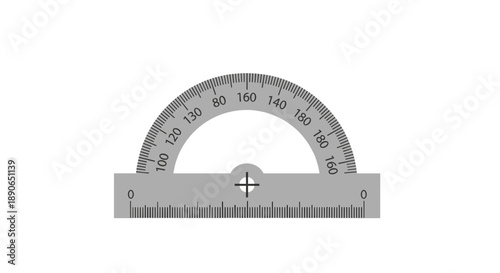 A clear plastic protractor with measurement markings for angles.