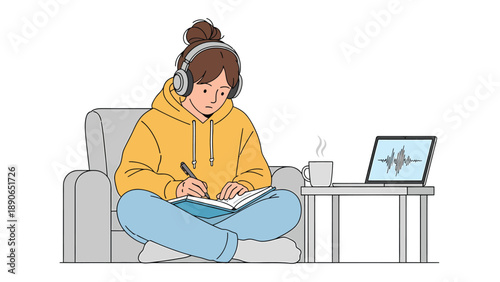 Young person with headphones writing in notebook, working or studying from home. Laptop showing audio waves, coffee on table. Remote productivity.