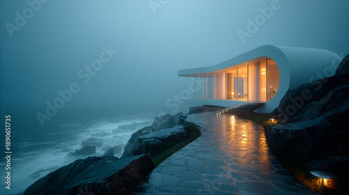 Night scene of a modern minimalist coastal house perched on a rocky cliff above a stormy ocean. Smooth white curved architecture with large glass windows glowing warmly from interior lights